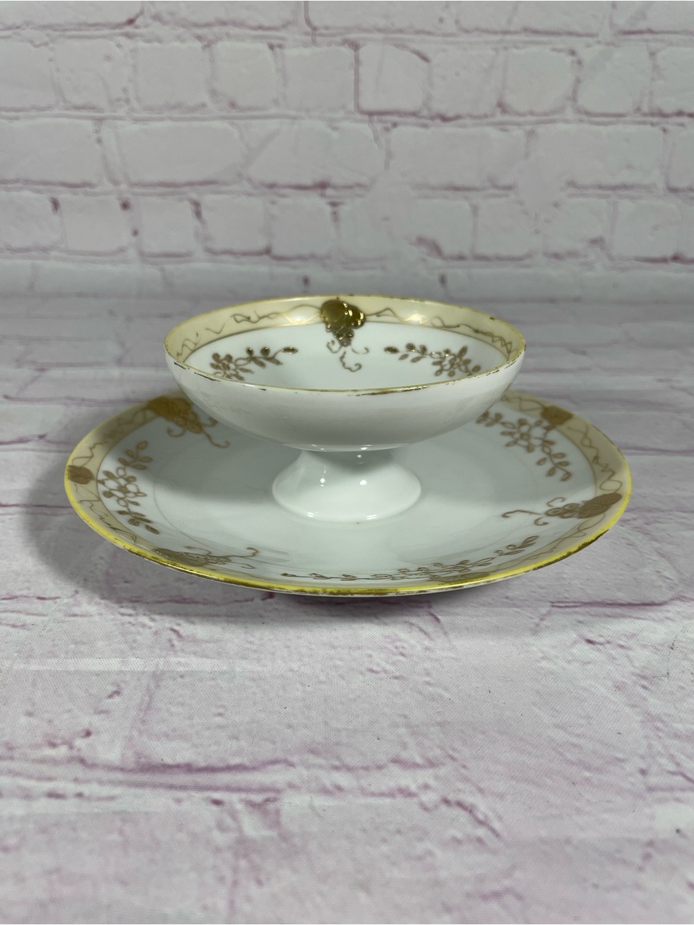 Vintage Nippon Hand Painted White and Gold Floral Bowl and Attached Plate Japan